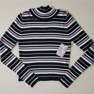 Pink Republic Ribbed Black Striped Crop Long Sleeve Sweater